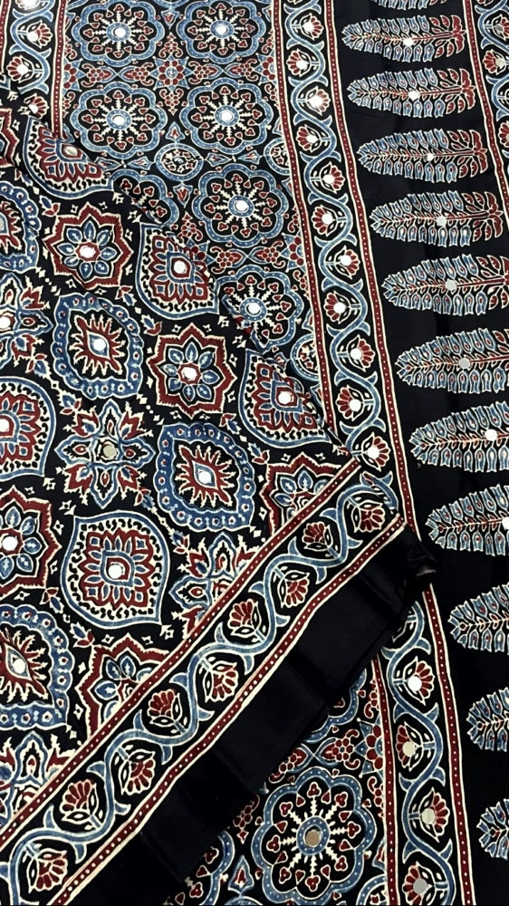 Black Mirror Ajrakh Badam Pure Modal Silk Saree