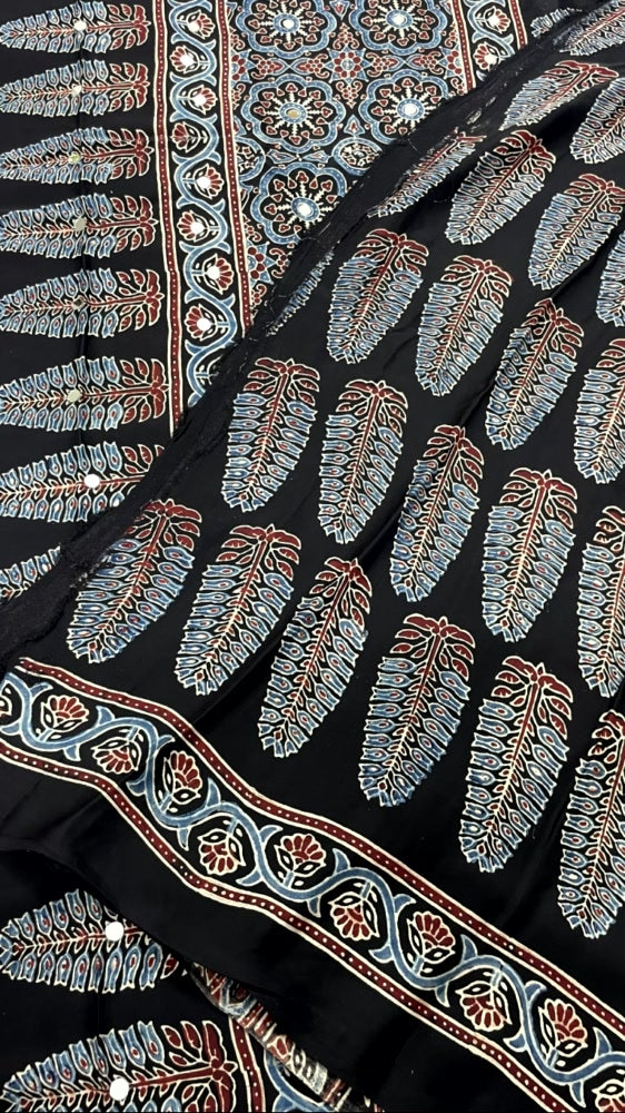 Black Mirror Ajrakh Badam Pure Modal Silk Saree