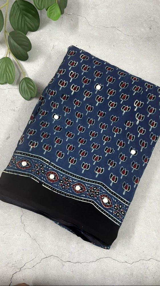 Blue Mirror Ajrakh Lotus Pure Modal Silk Saree