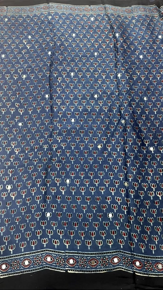 Blue Mirror Ajrakh Lotus Pure Modal Silk Saree