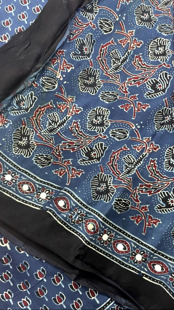 Blue Mirror Ajrakh Lotus Pure Modal Silk Saree