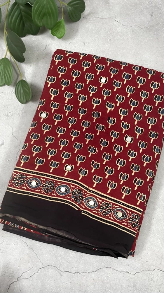 Red Mirror Ajrakh Lotus Pure Modal Silk Saree