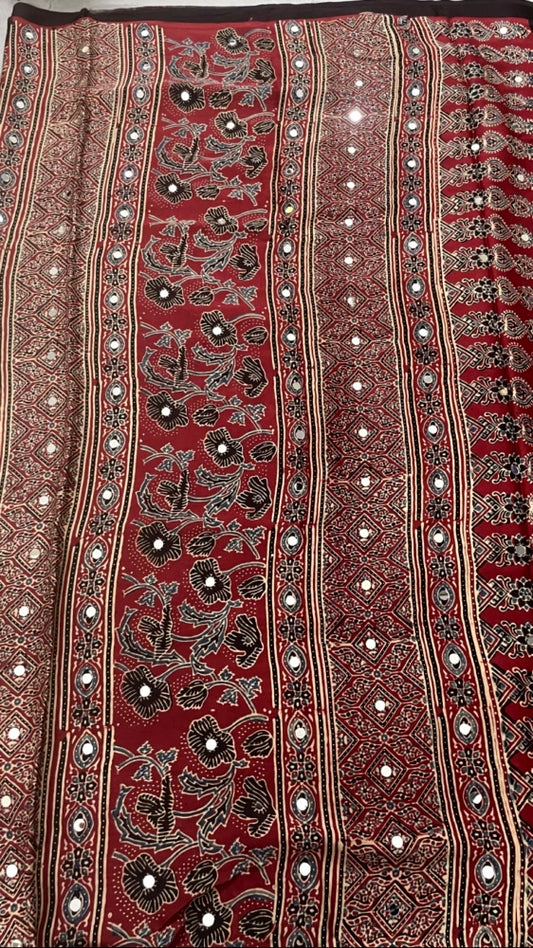 Red Mirror Ajrakh Lotus Pure Modal Silk Saree