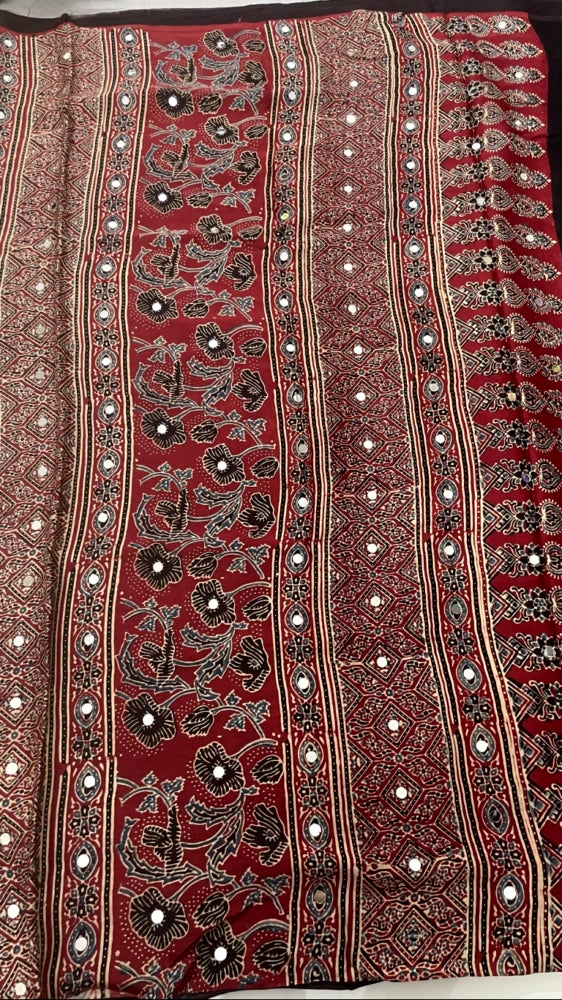 Red Mirror Ajrakh Lotus Pure Modal Silk Saree
