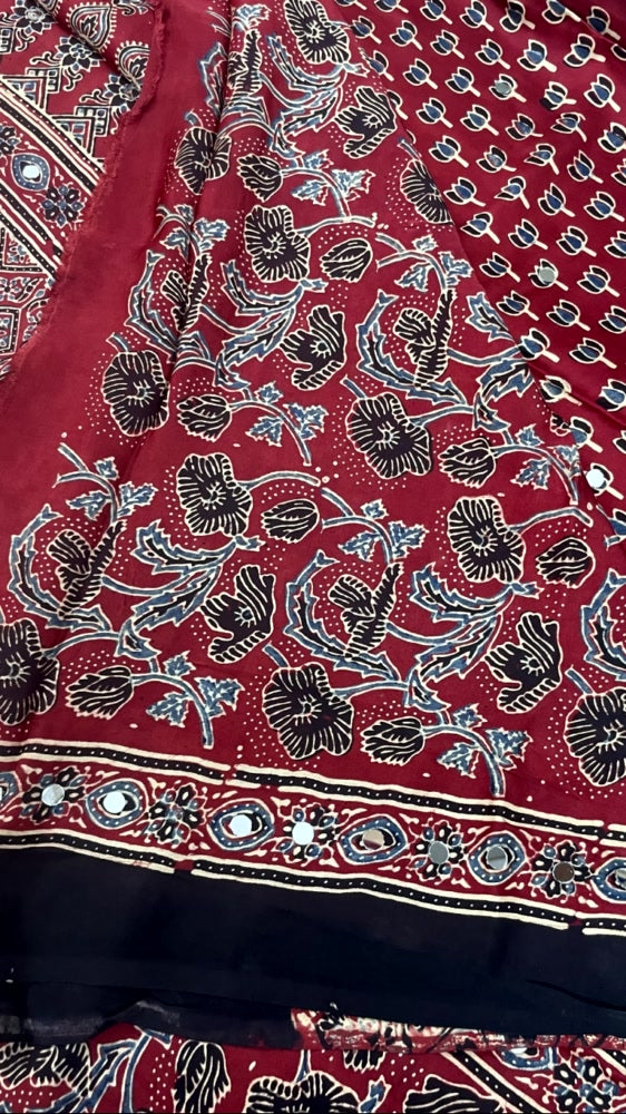 Red Mirror Ajrakh Lotus Pure Modal Silk Saree