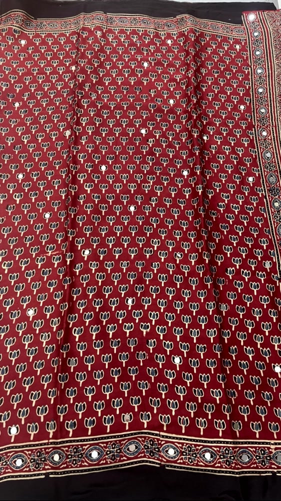 Red Mirror Ajrakh Lotus Pure Modal Silk Saree