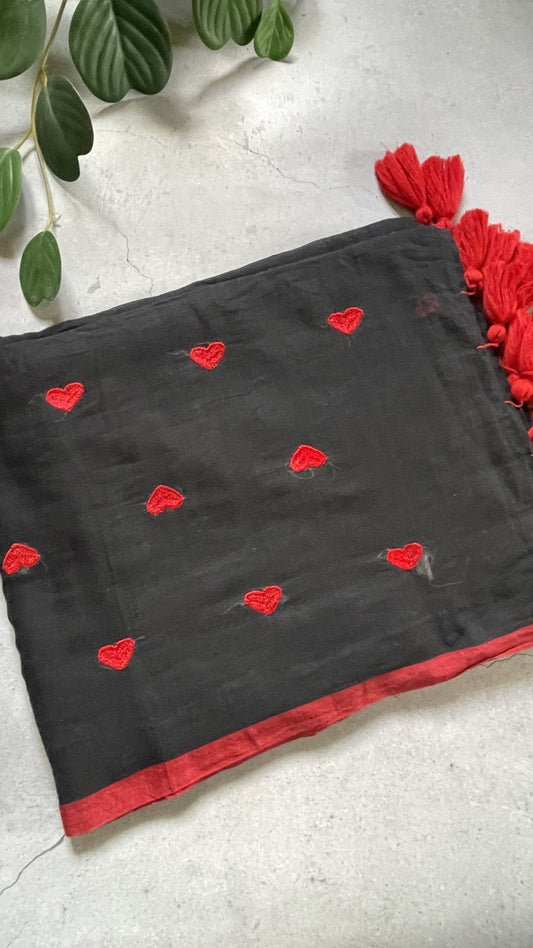 Black Heart Embroidery Mul Cotton Saree