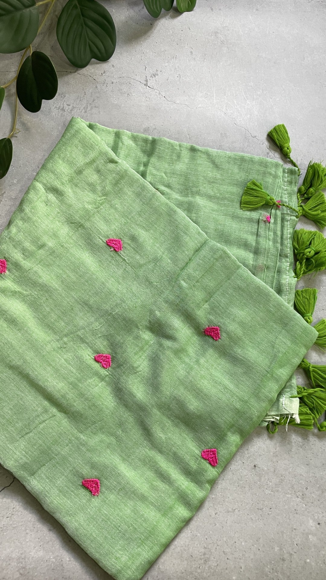 Pista Green Heart Embroidery Mul Cotton Saree
