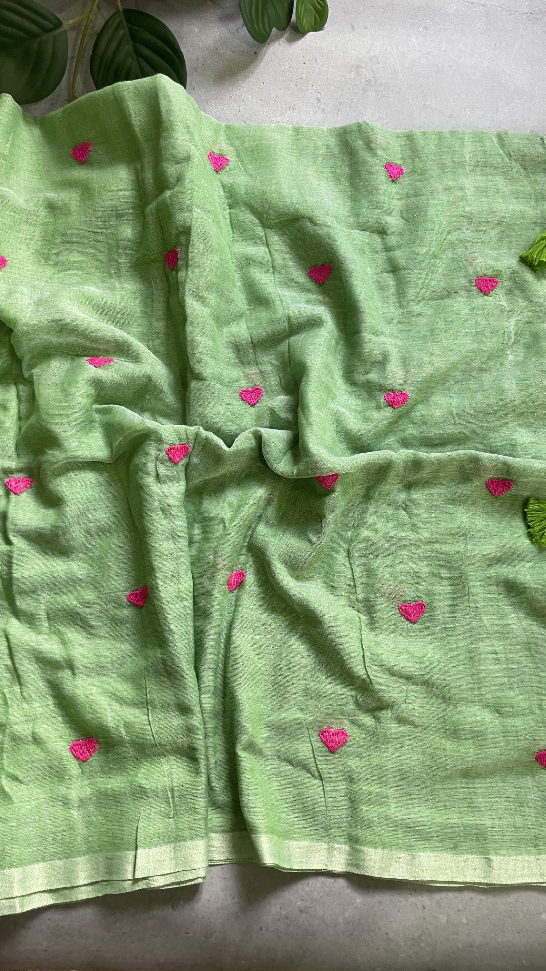 Pista Green Heart Embroidery Mul Cotton Saree