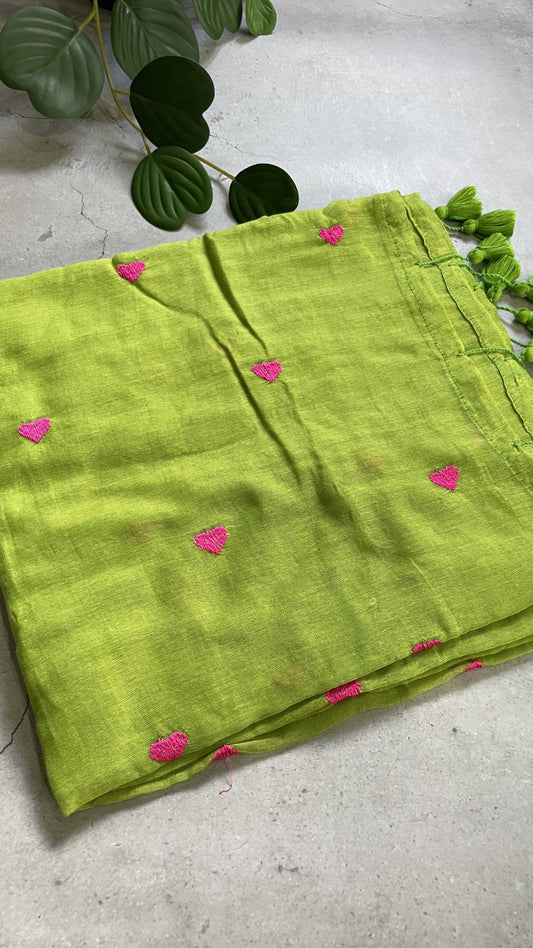 Green Heart Embroidery Mul Cotton Saree