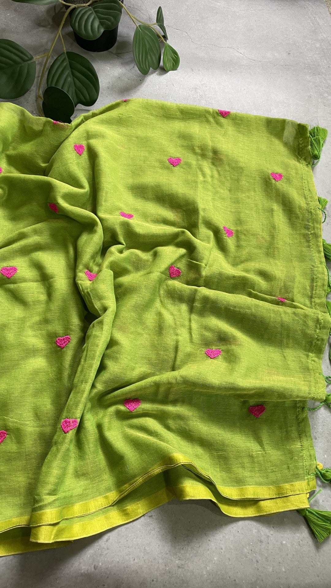 Green Heart Embroidery Mul Cotton Saree