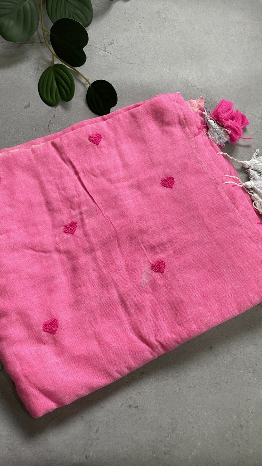 Pink Heart Embroidery Mul Cotton Saree