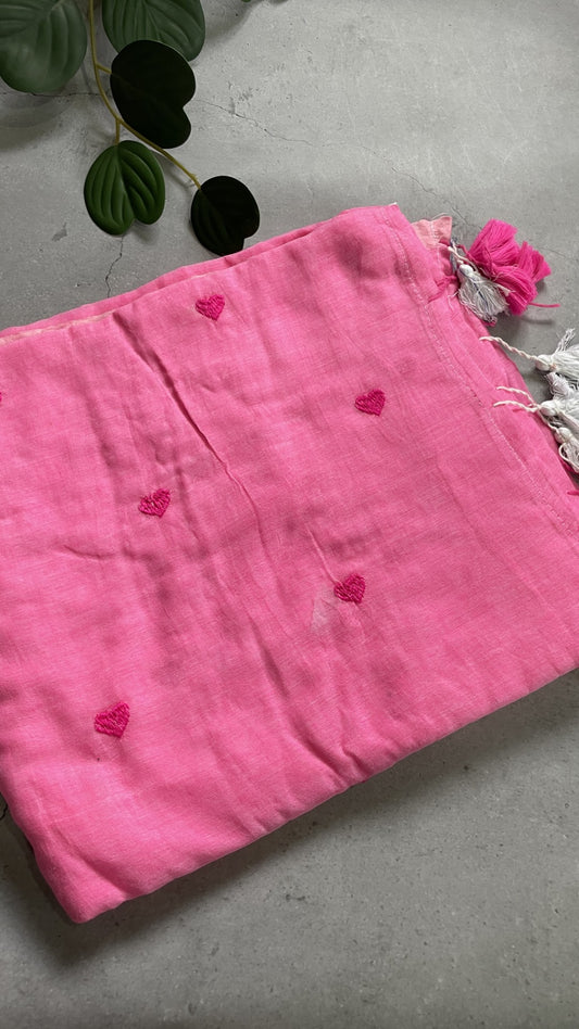 Pink Heart Embroidery Mul Cotton Saree