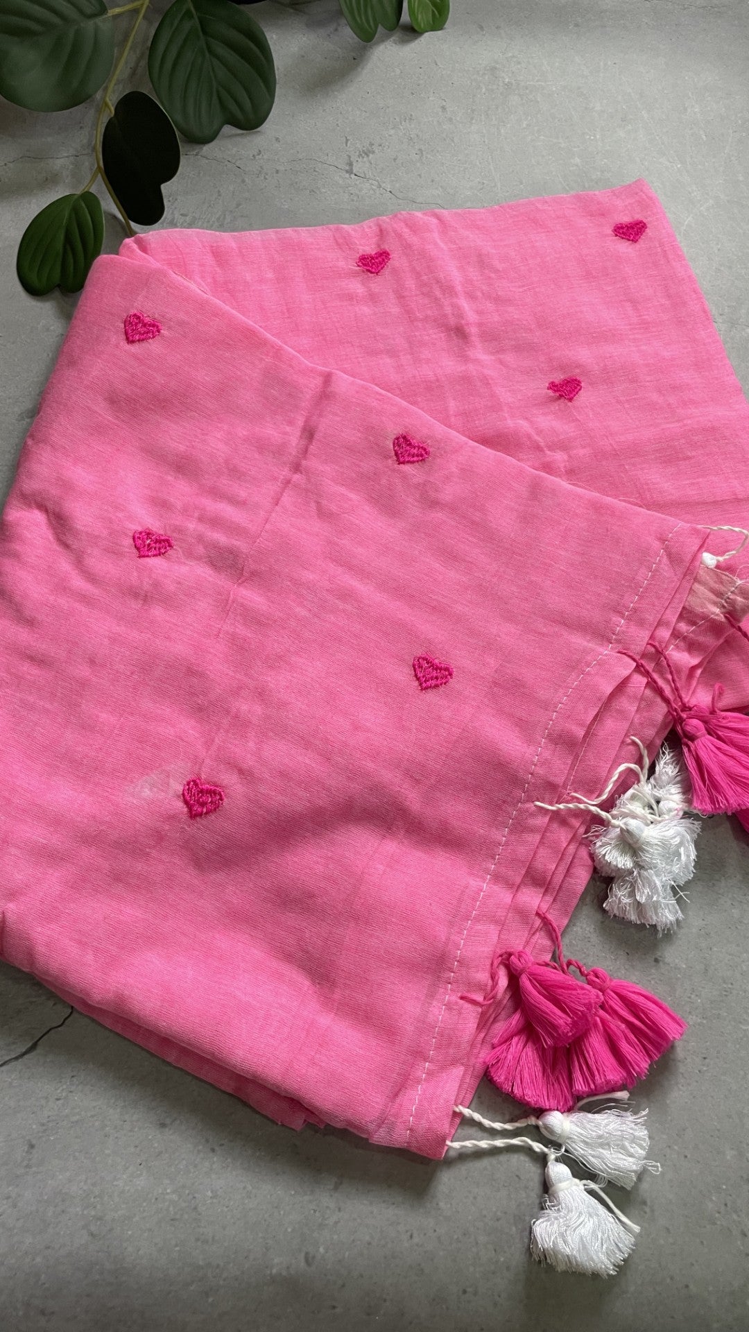 Pink Heart Embroidery Mul Cotton Saree
