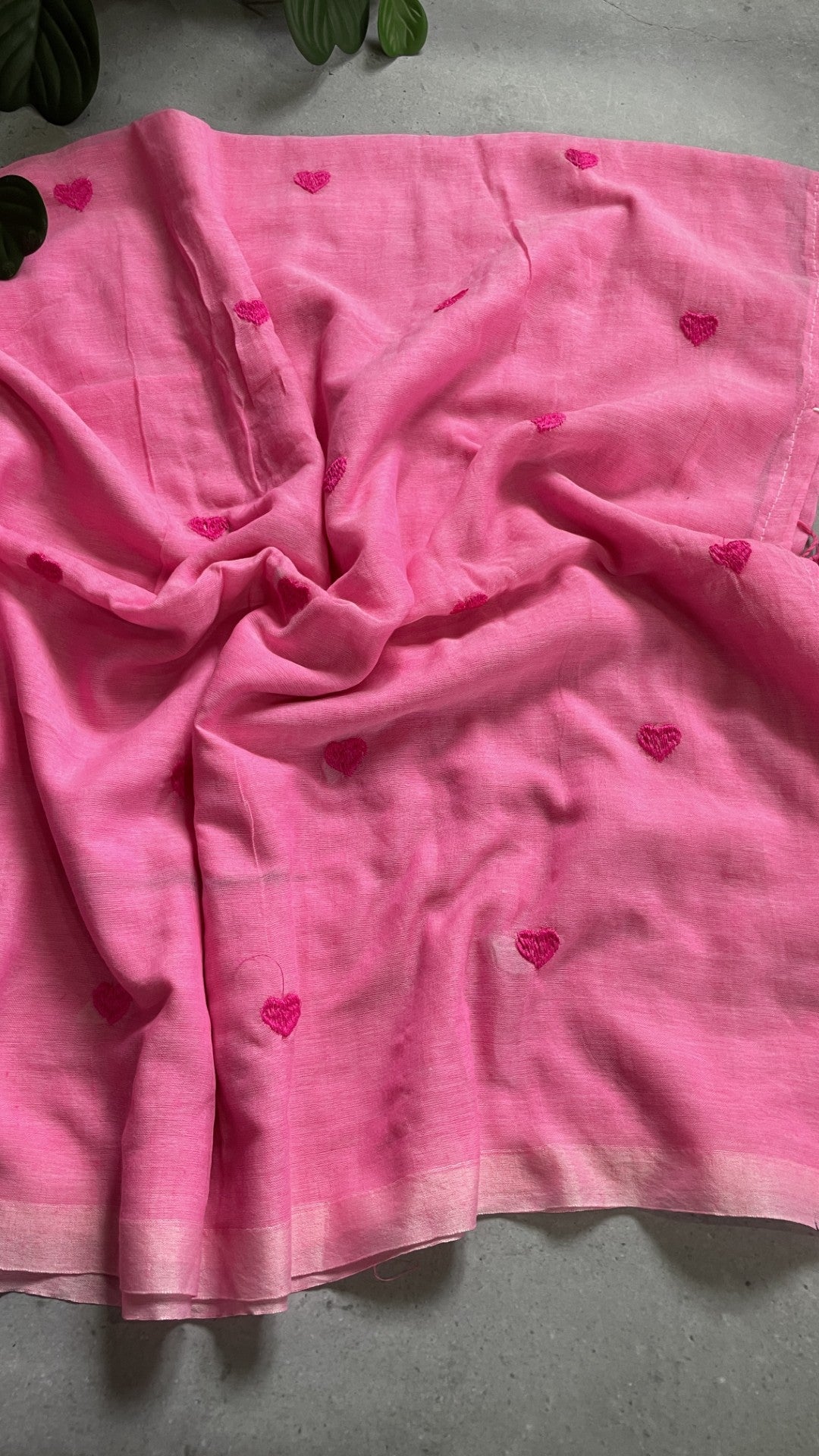 Pink Heart Embroidery Mul Cotton Saree