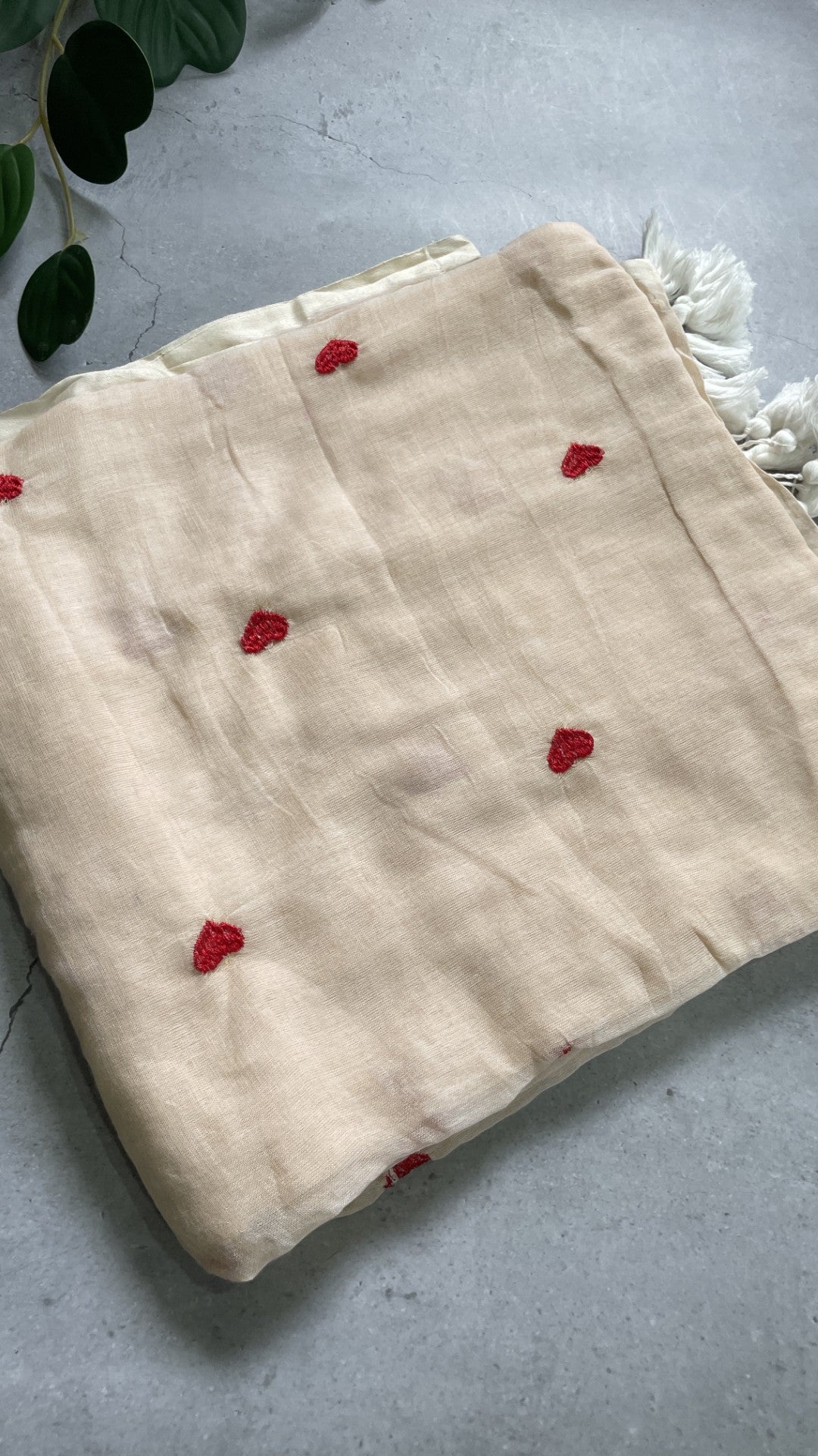 Beige Heart Embroidery Mul Cotton Saree