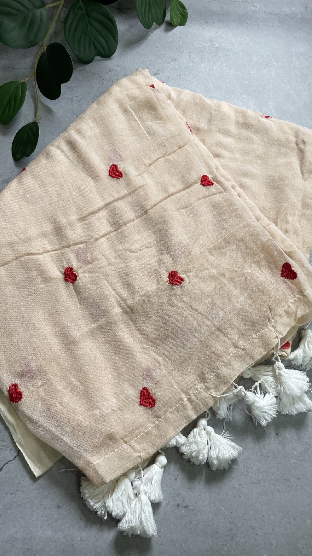 Beige Heart Embroidery Mul Cotton Saree