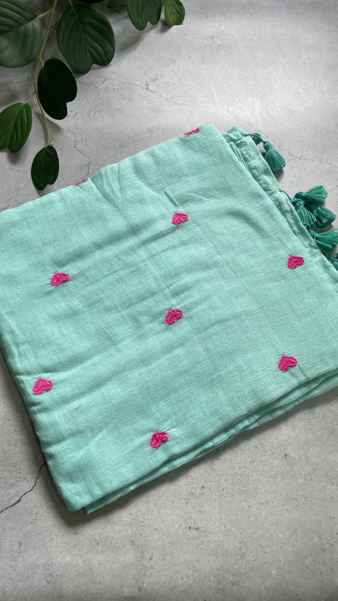 Bluish Green Heart Embroidery Mul Cotton Saree