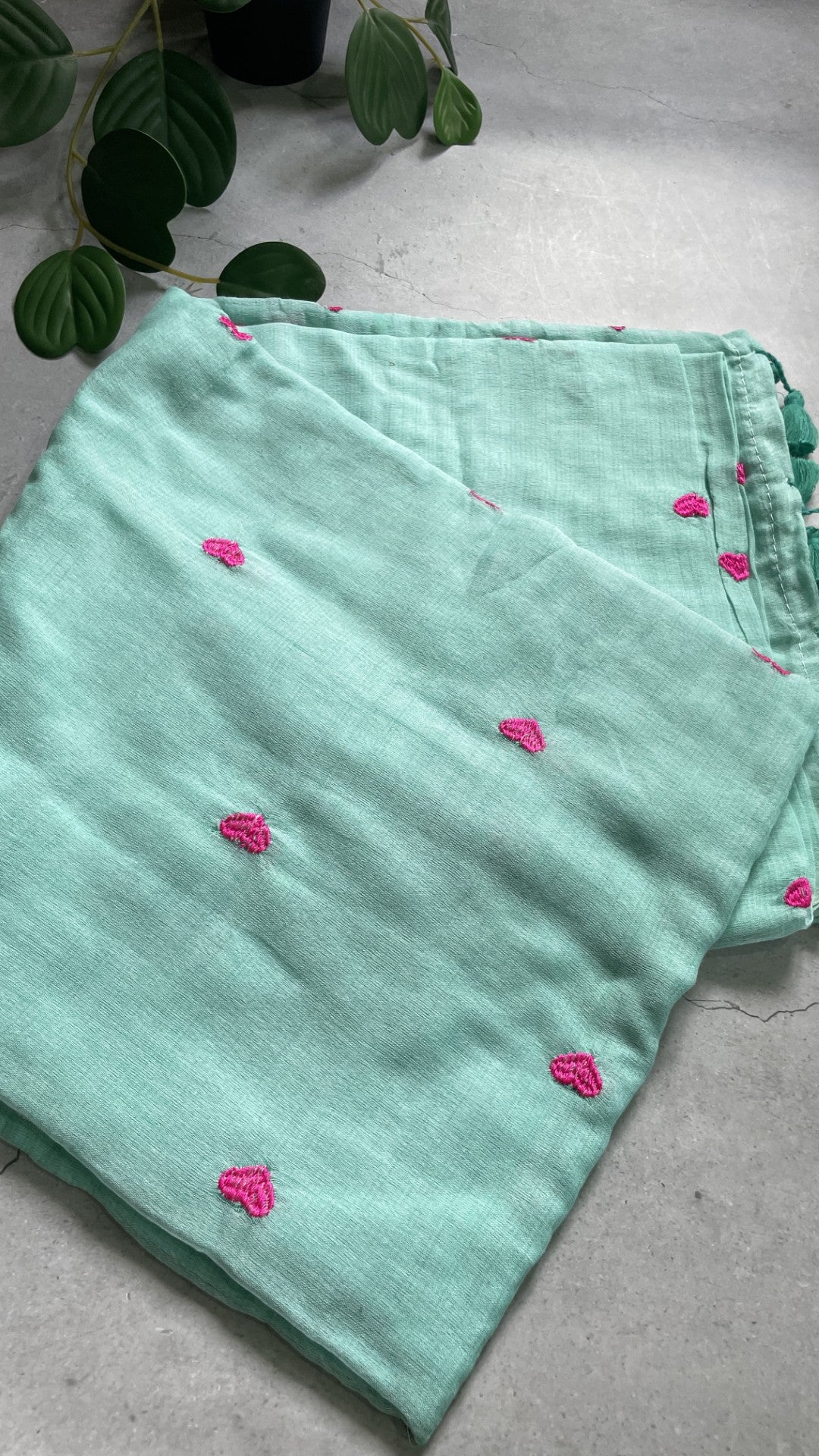 Bluish Green Heart Embroidery Mul Cotton Saree