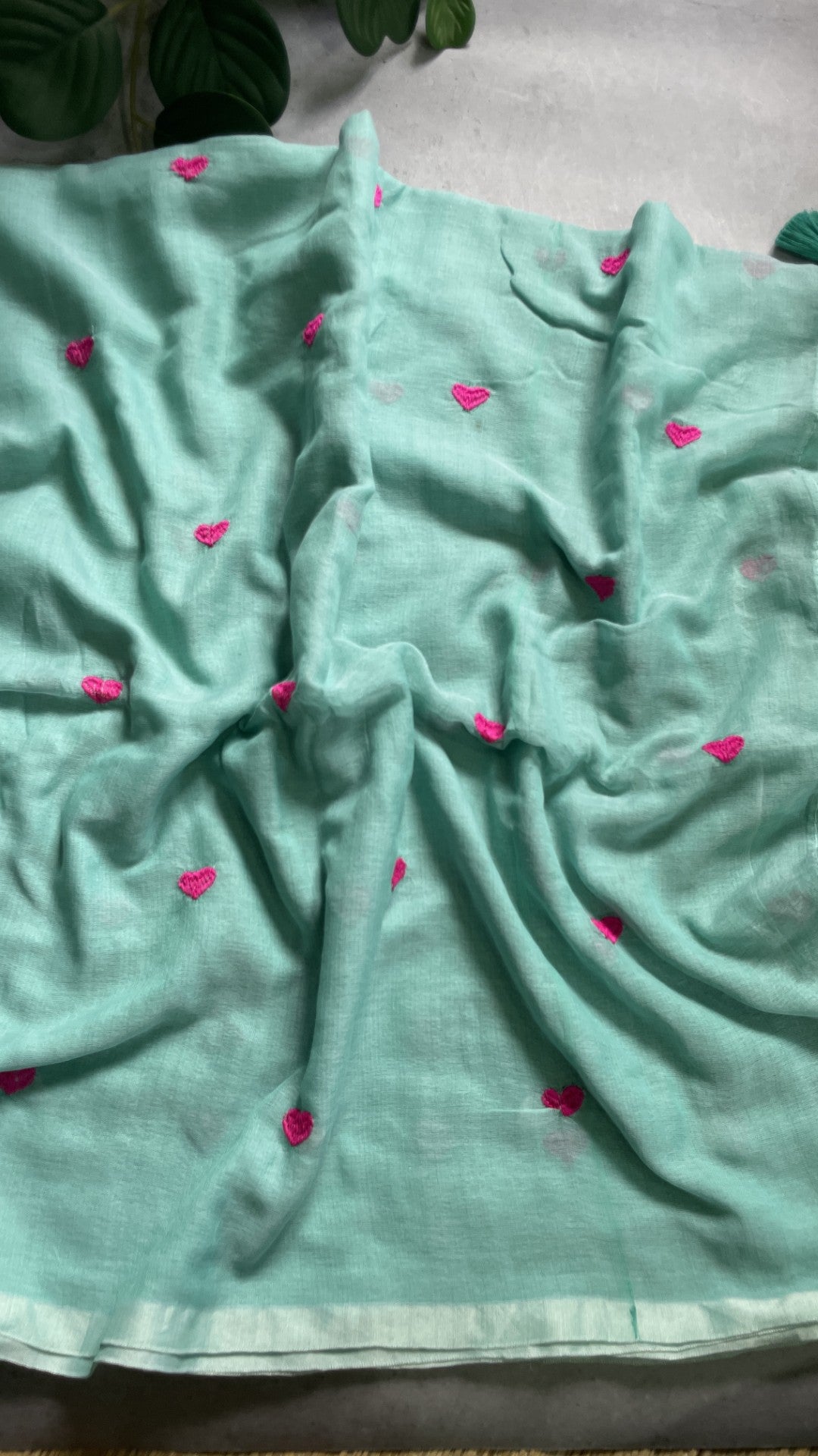 Bluish Green Heart Embroidery Mul Cotton Saree