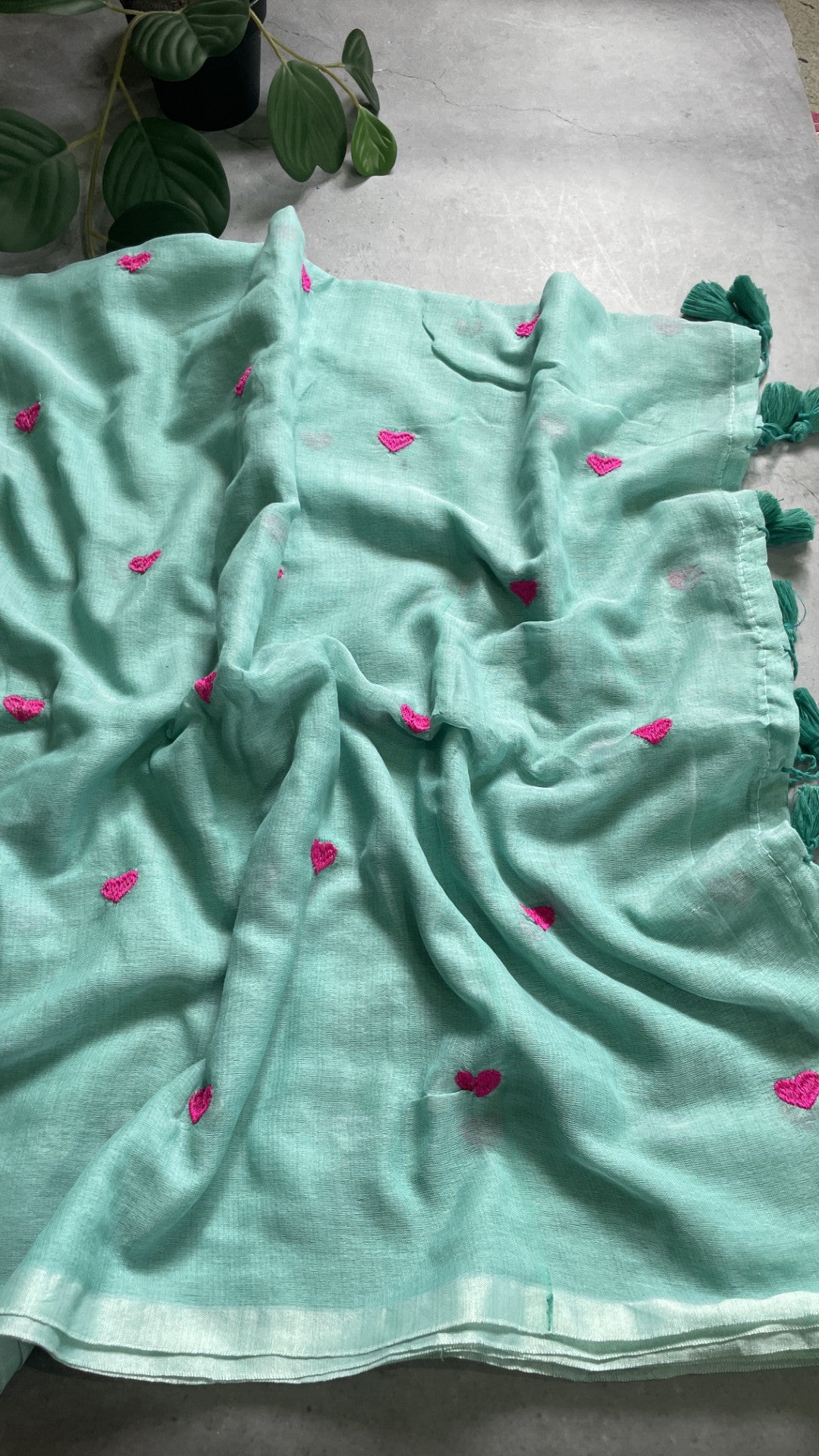 Bluish Green Heart Embroidery Mul Cotton Saree