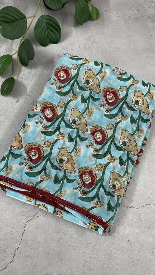 Blue Floral Printed Georgette Saree