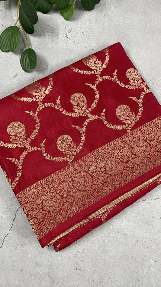 Dark Pink Jaal Russian Silk Saree