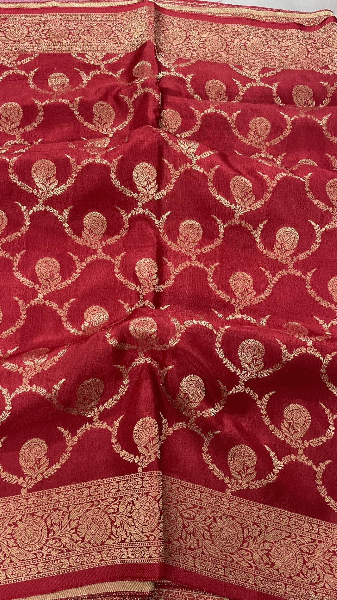 Dark Pink Jaal Russian Silk Saree