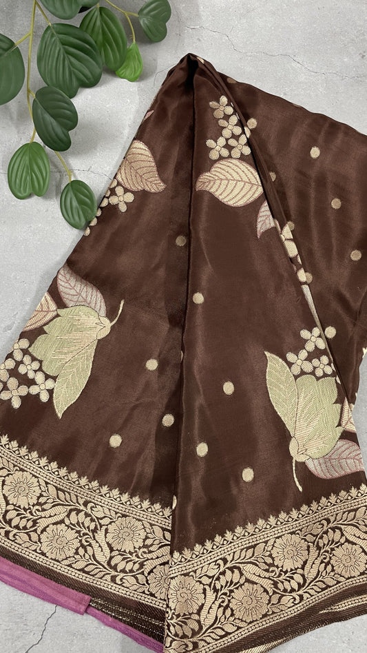 Brown Floral Meenakari Viscose Crepe Silk Saree