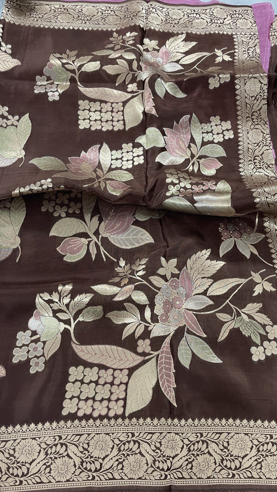 Brown Floral Meenakari Viscose Crepe Silk Saree