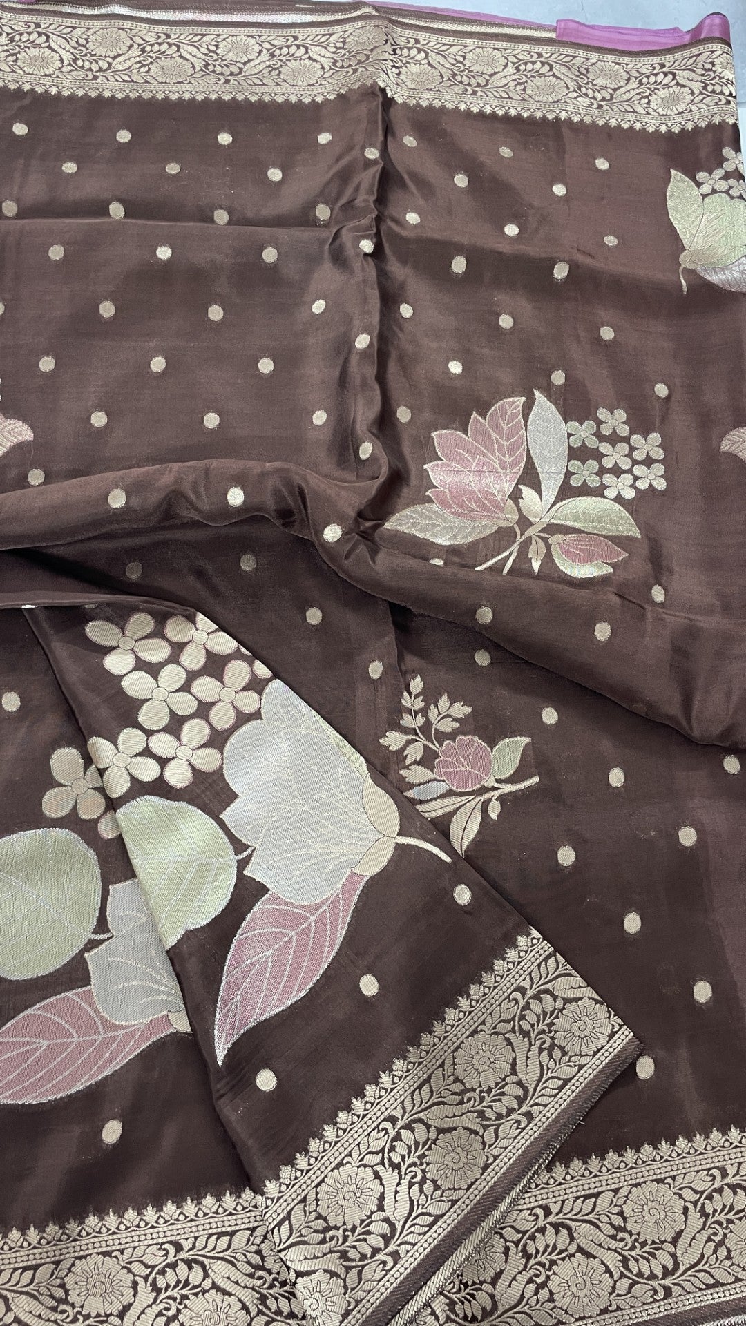 Brown Floral Meenakari Viscose Crepe Silk Saree