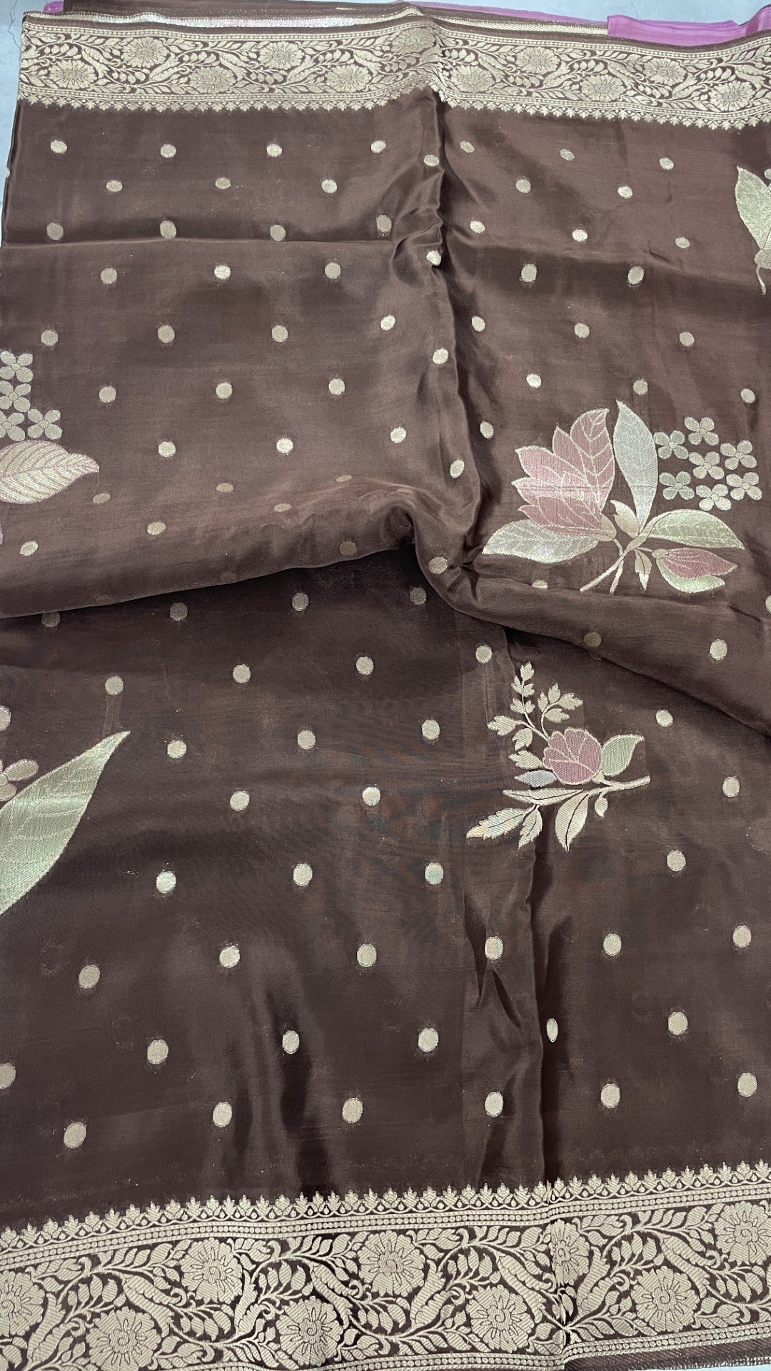 Brown Floral Meenakari Viscose Crepe Silk Saree