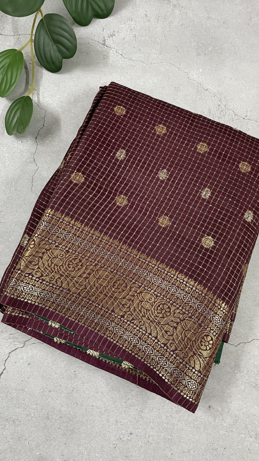 Brown Checks Semi Silk Saree