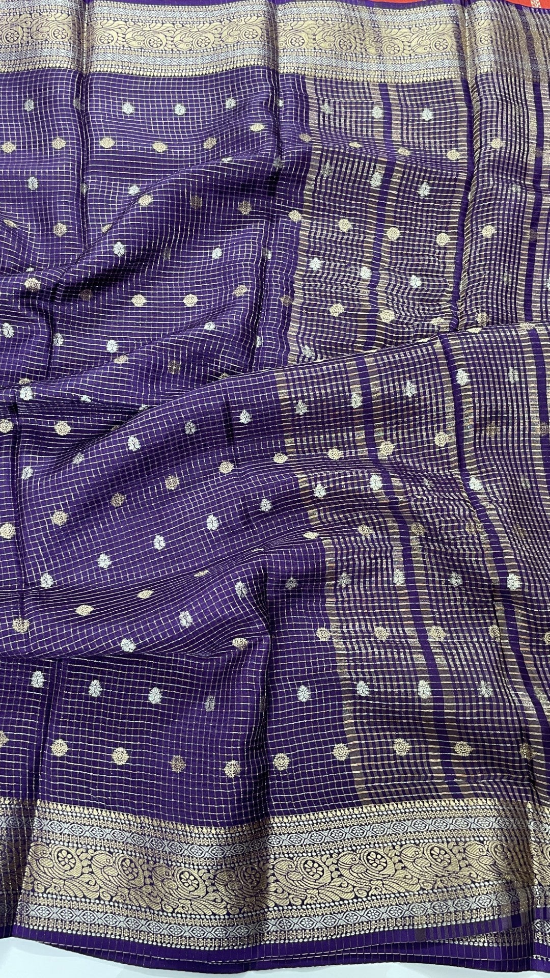 Purple Checks Semi Silk Saree