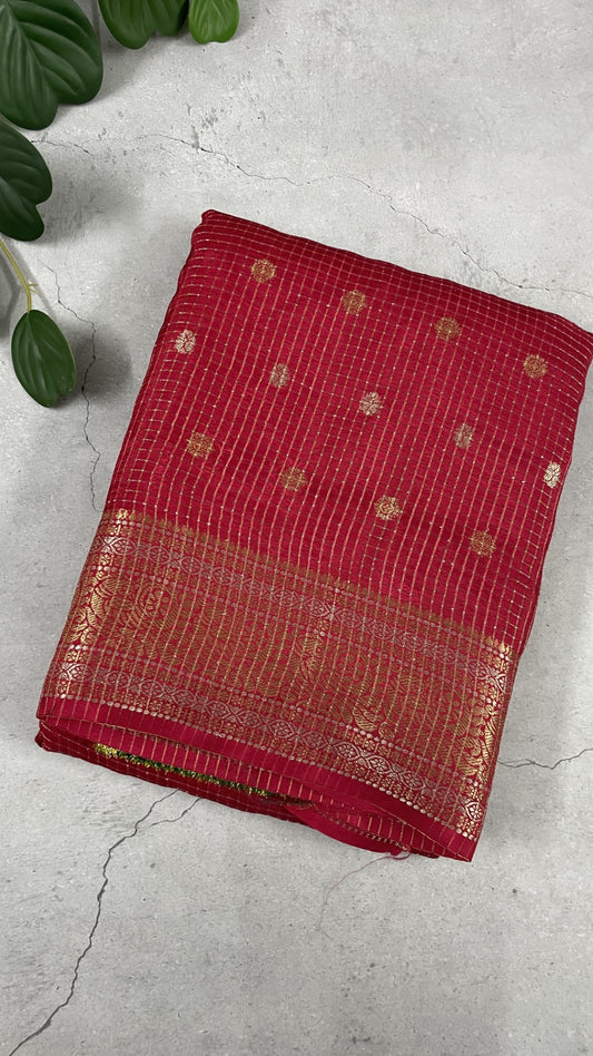 Red Checks Semi Silk Saree