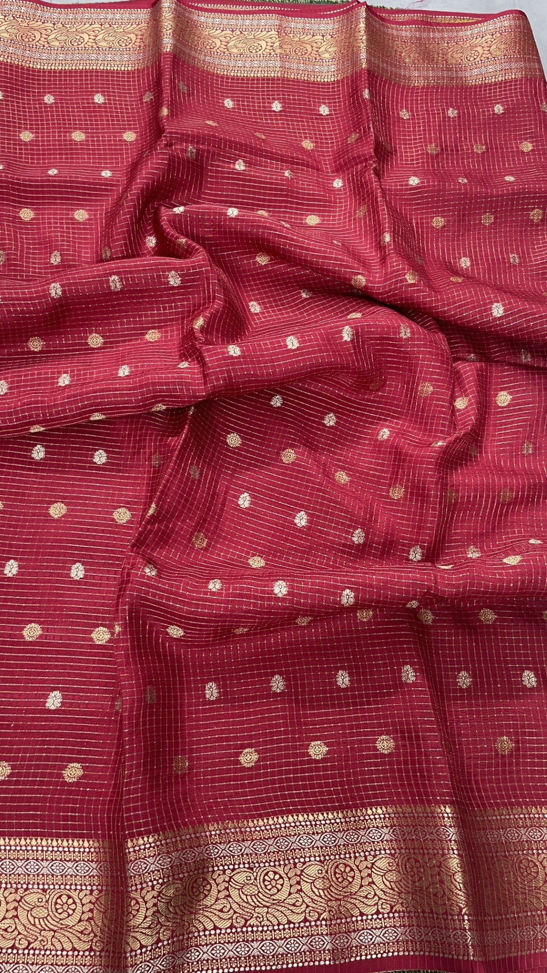 Red Checks Semi Silk Saree