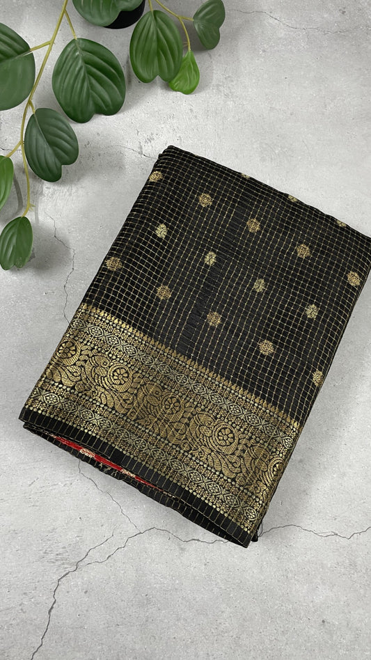 Black Checks Semi Silk Saree