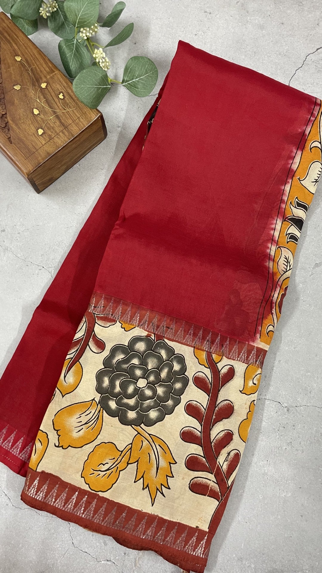 Red Kalamkari Printed Mangalgiri Silk Cotton Saree