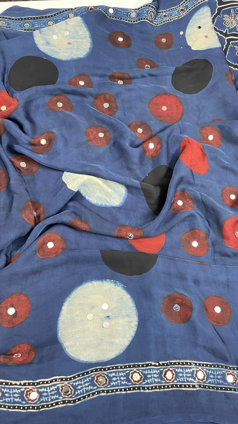 Blue Polka Block Print Mirror Modal Saree