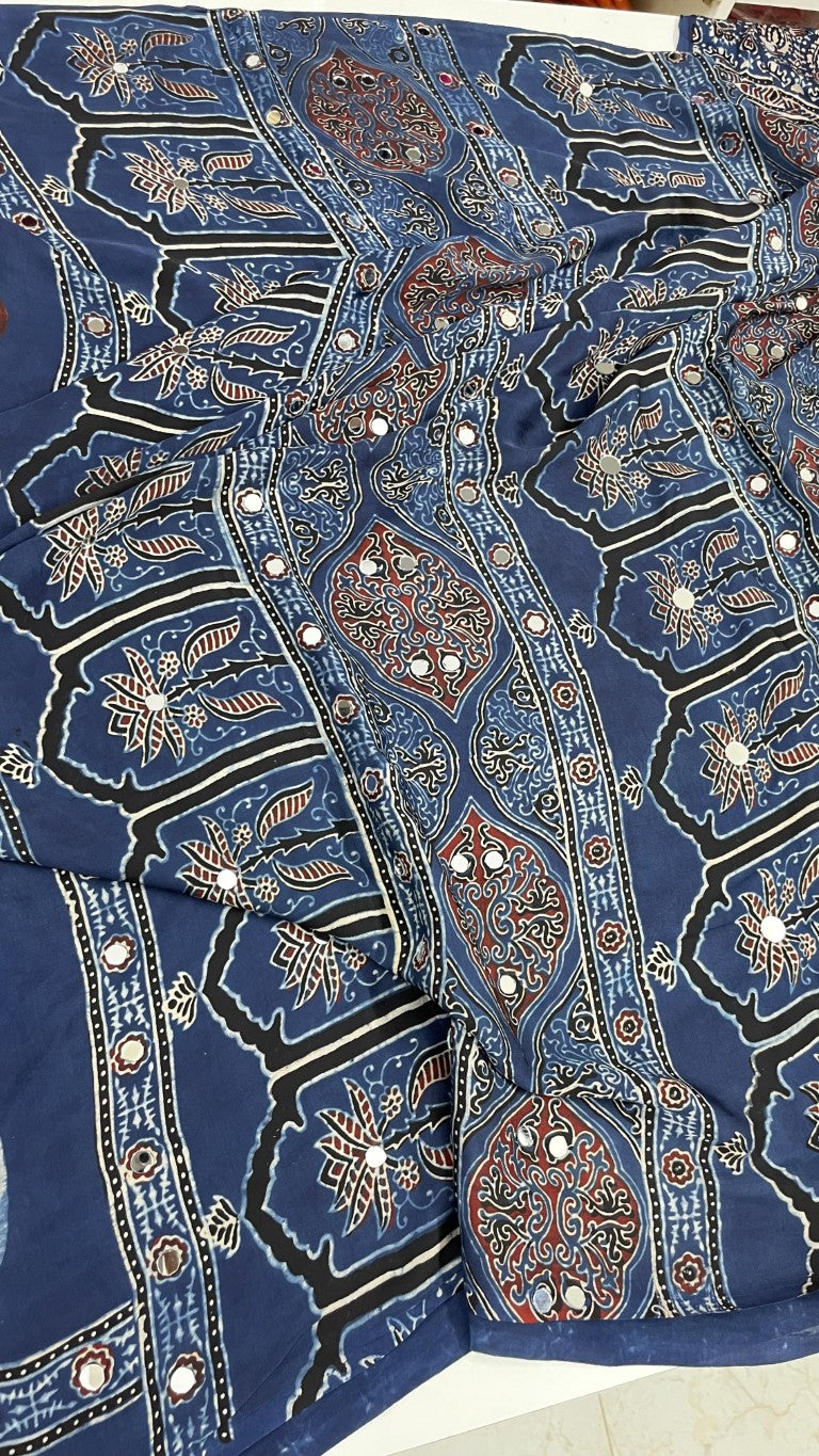 Blue Polka Block Print Mirror Modal Saree