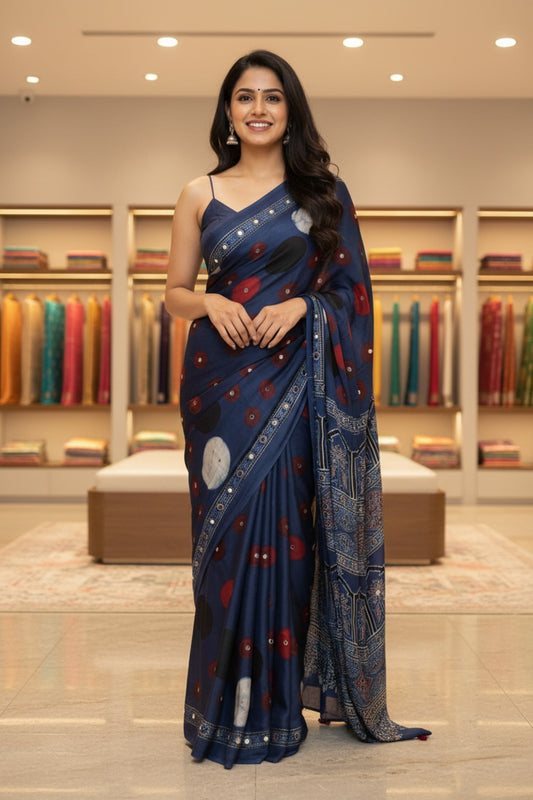 Blue Polka Block Print Mirror Modal Saree