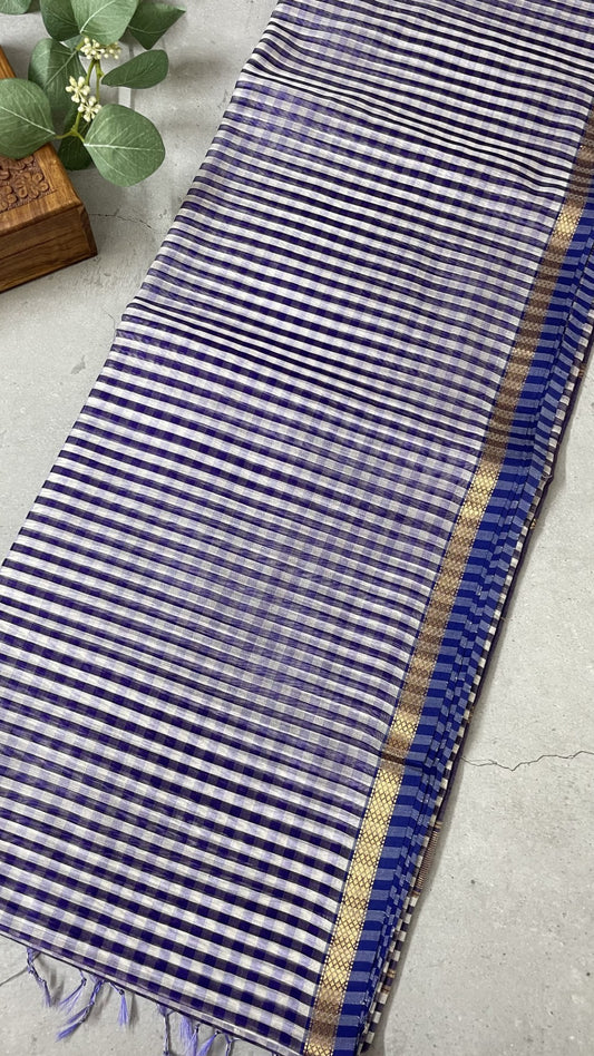 Blue Checks Pure Maheshwari Silk Cotton Saree