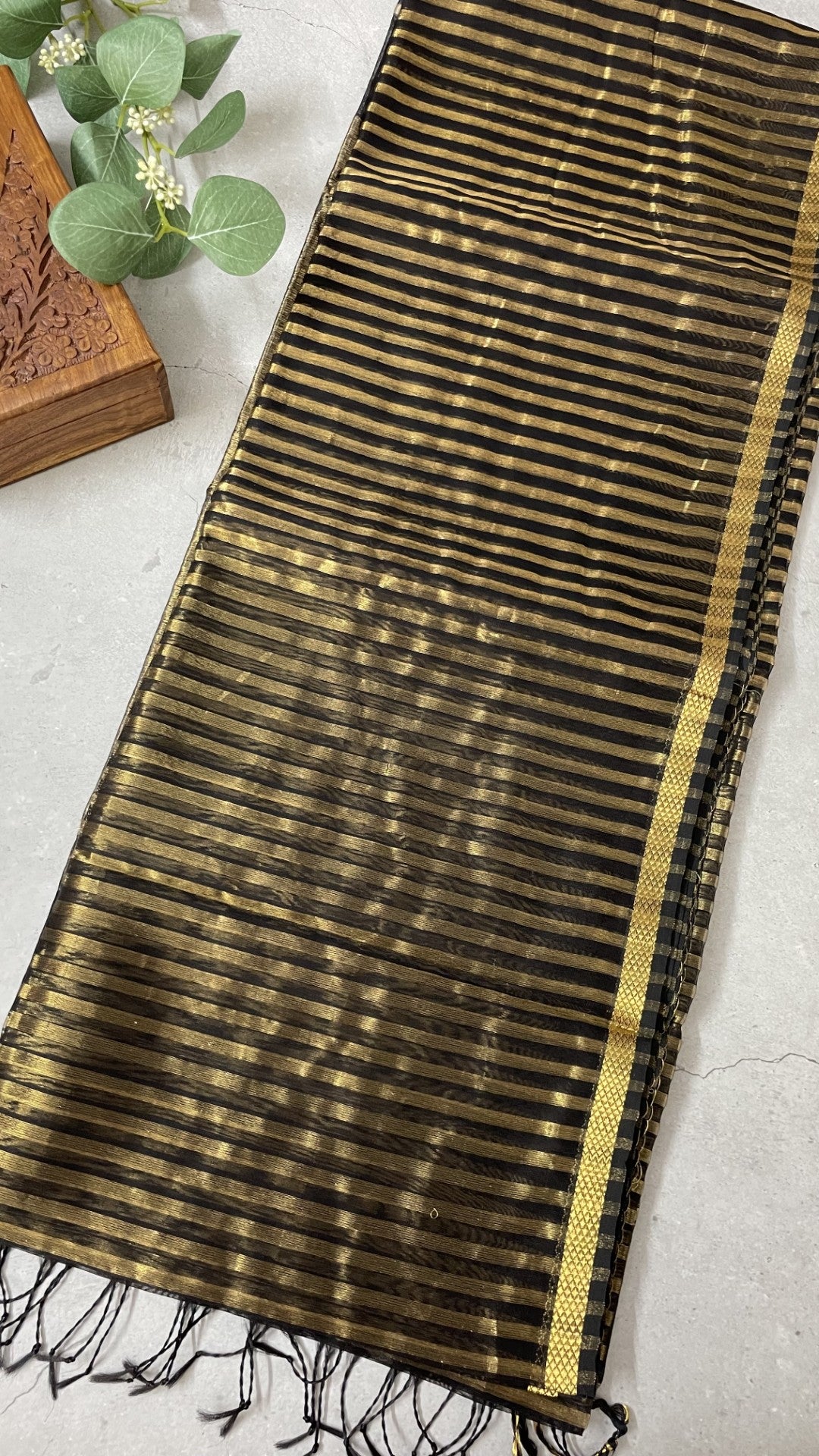 Black Stripe Pure Tissue Maheshwari Silk Saree