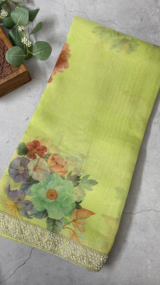 Green Printed Lace Border Tissue Silk Saree