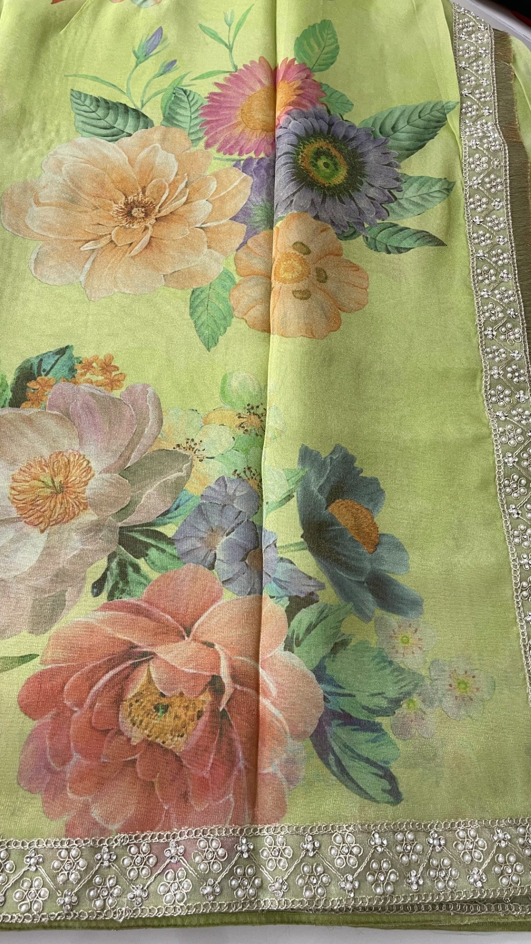 Green Printed Lace Border Tissue Silk Saree