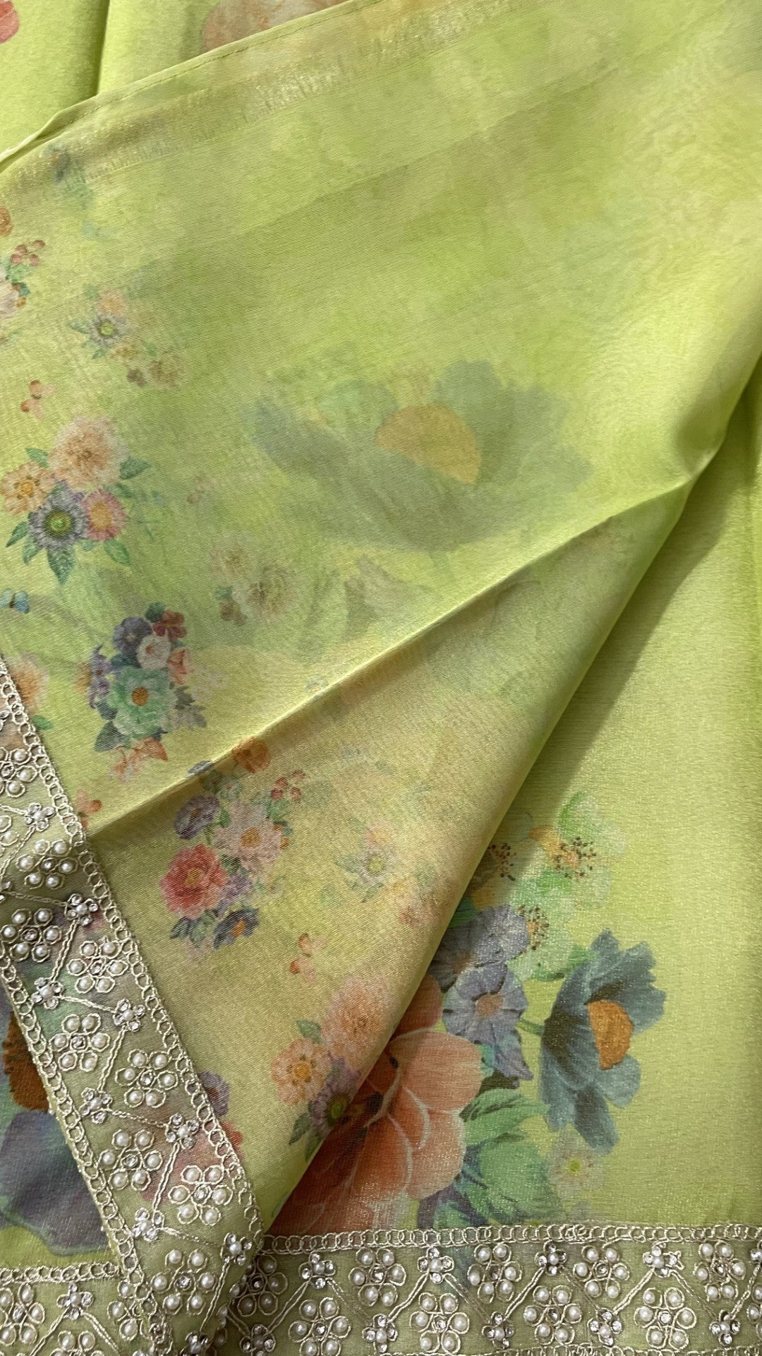 Green Printed Lace Border Tissue Silk Saree