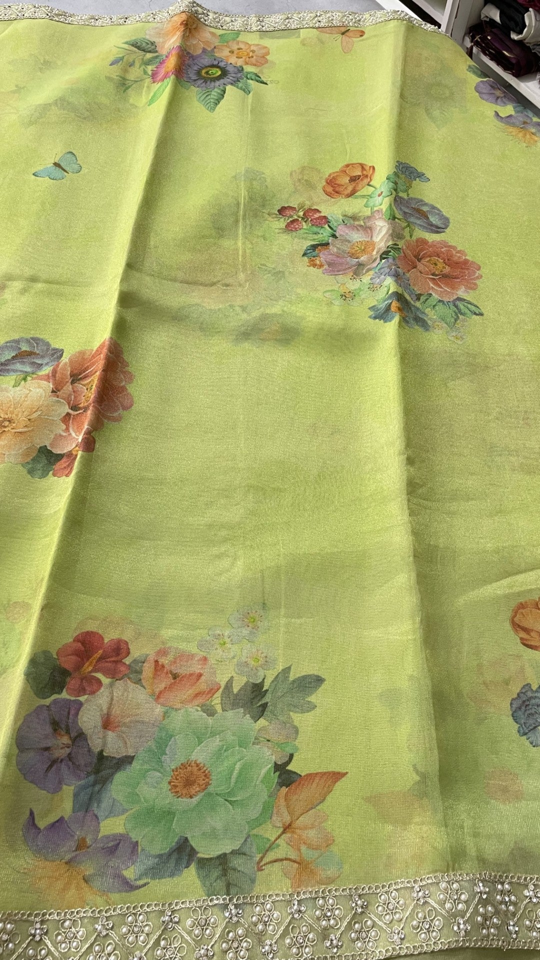 Green Printed Lace Border Tissue Silk Saree