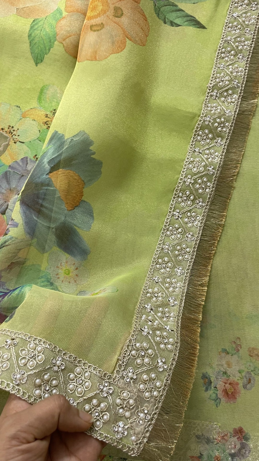 Green Printed Lace Border Tissue Silk Saree
