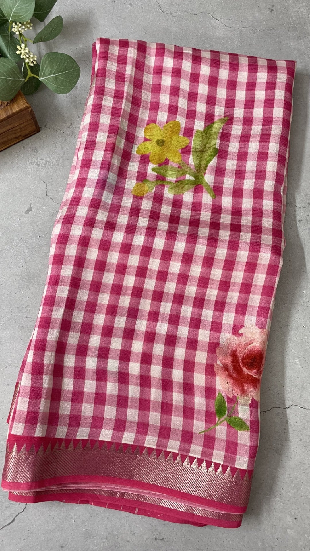 Pink Checks Printed Pure Mangalgiri Silk Saree
