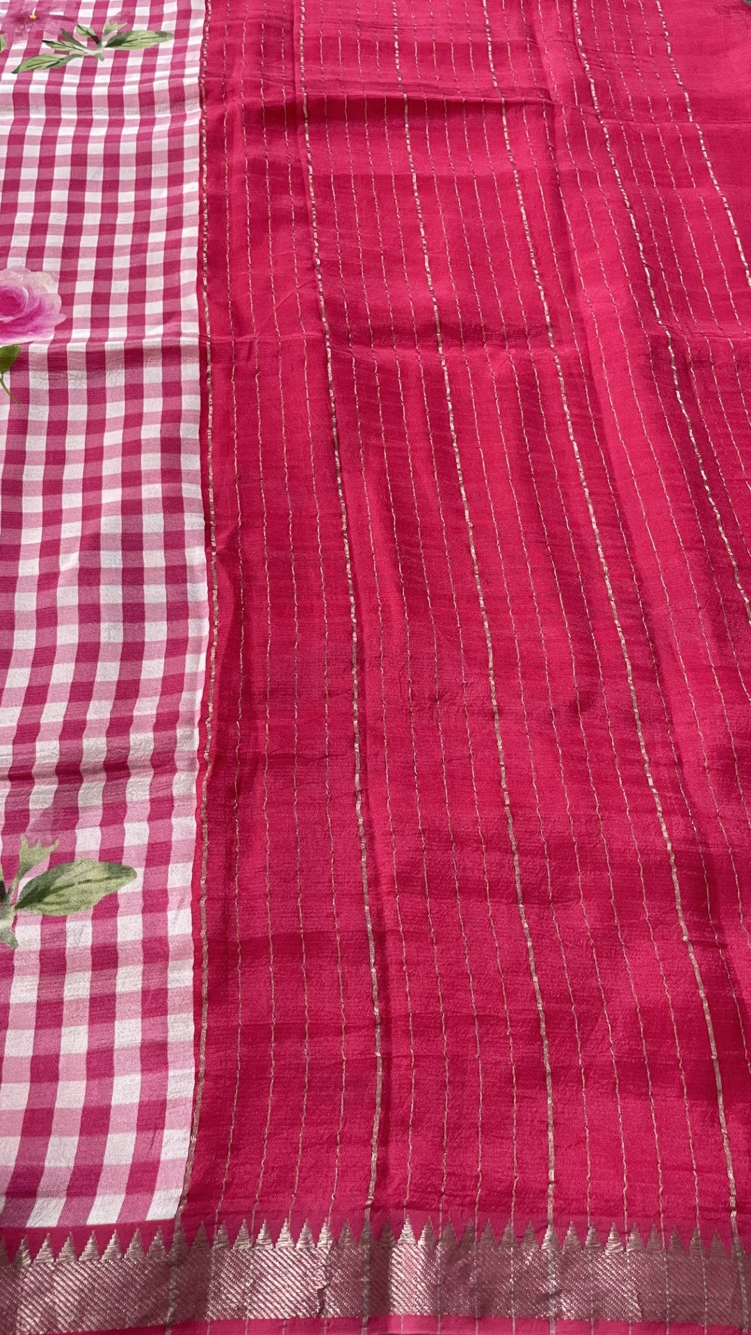 Pink Checks Printed Pure Mangalgiri Silk Saree